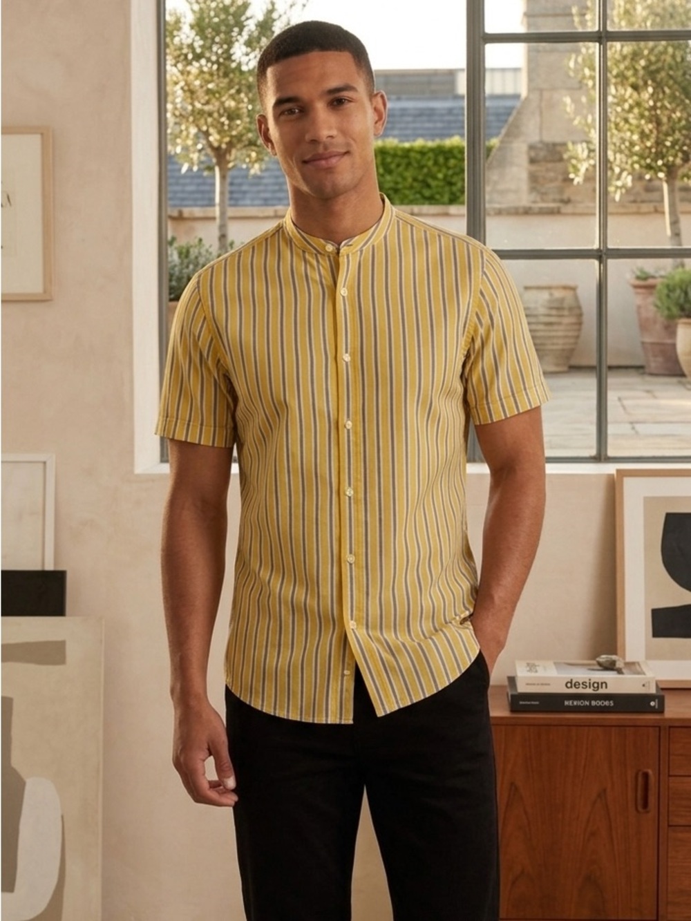ASOS Striped Shirt Mens Medium Yellow White Blue Button Up NWT Casual Modern